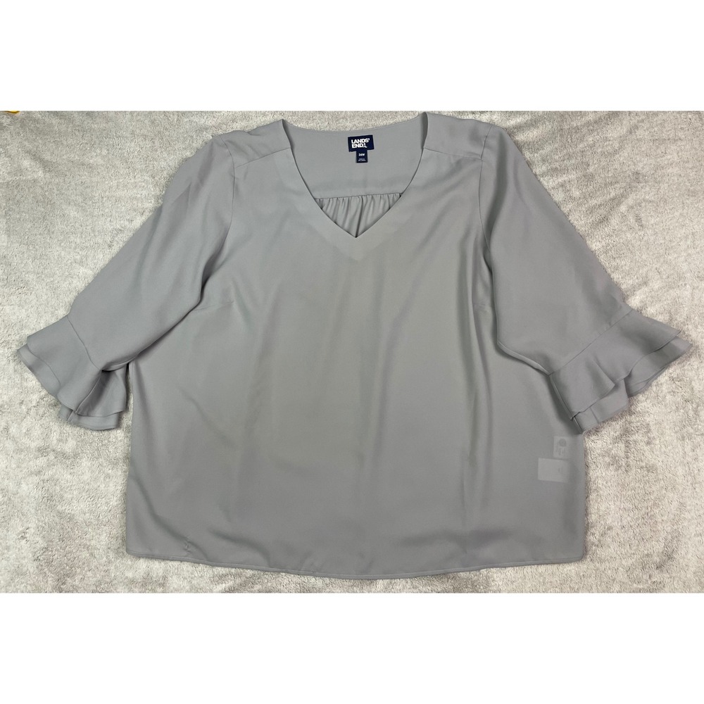 Lands' End Womens 26W Gray Ruffle Tiered Sleeve V-Neck Blouse Top Lightweight